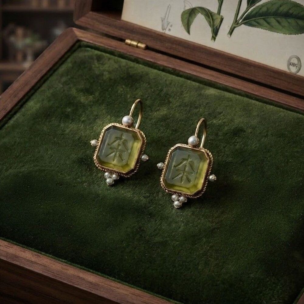 Gold Tone Green Resin Dangle Earrings Women Square Geometric Drop Vintage Style